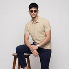 Men's Beige Polo Neck Polo T-Shirt, गहरा पीला, small
