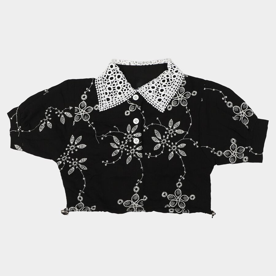 Girls Black Collar Neck Regular T-Shirt, काला, large