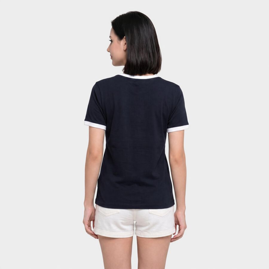 Women's Navy Blue Round Neck Regular T-Shirt, नेवी ब्लू, large