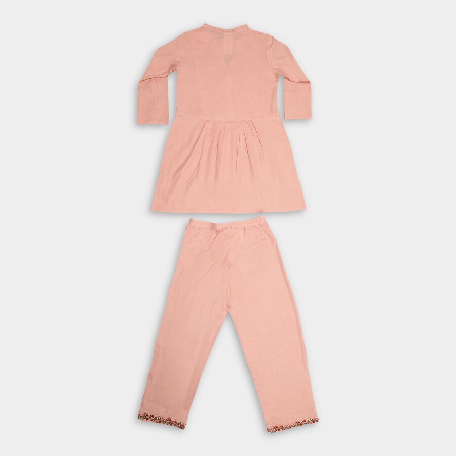 Girls' Soft Peach Embroidered V-Neck Kurta and Pant Fusion Set, Light Pink, large image number null