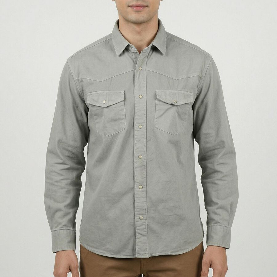 Men's Khaki Cotton Classic Casual Shirt, खाकी, large