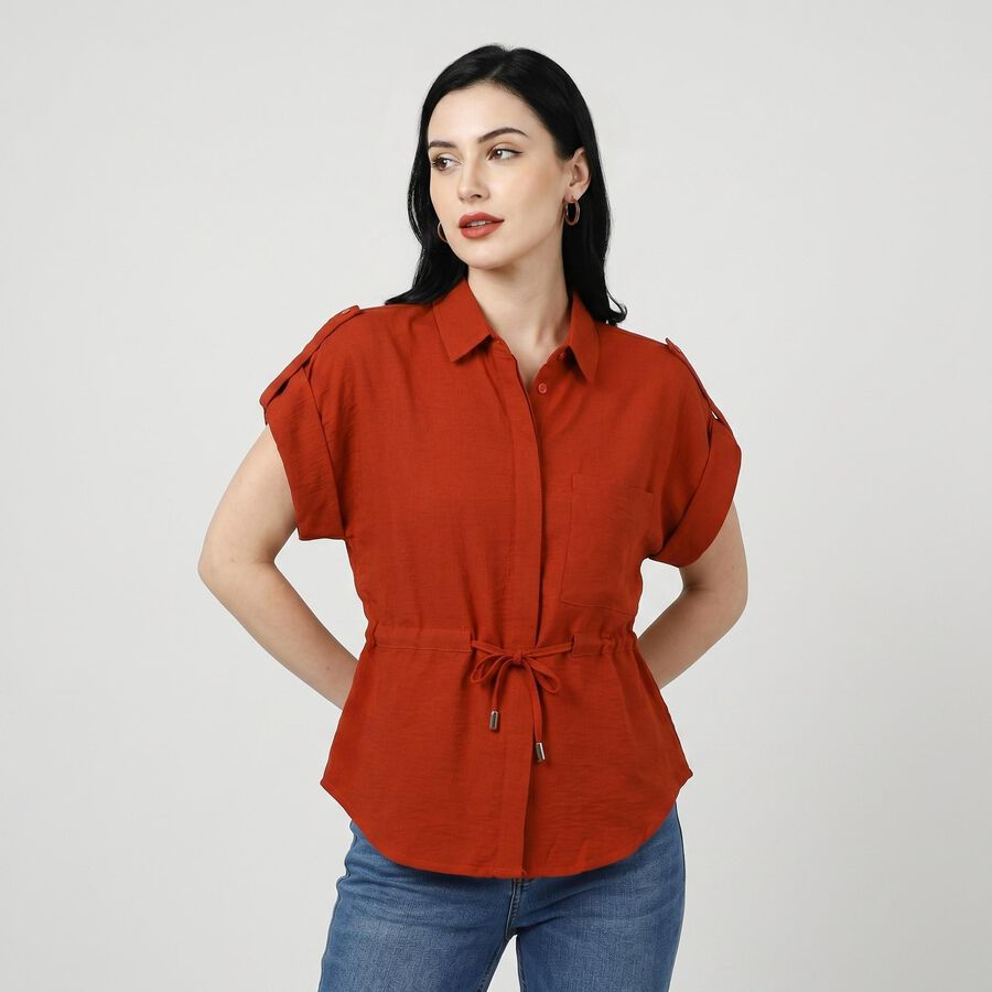Women's Rust Solid Collared Regular Fit Shirt, रस्ट, large