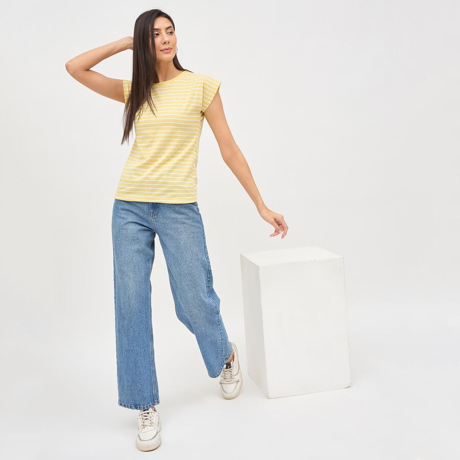 Women's Soft Yellow Round Neck Striped T-Shirt, Khaki, large image number null