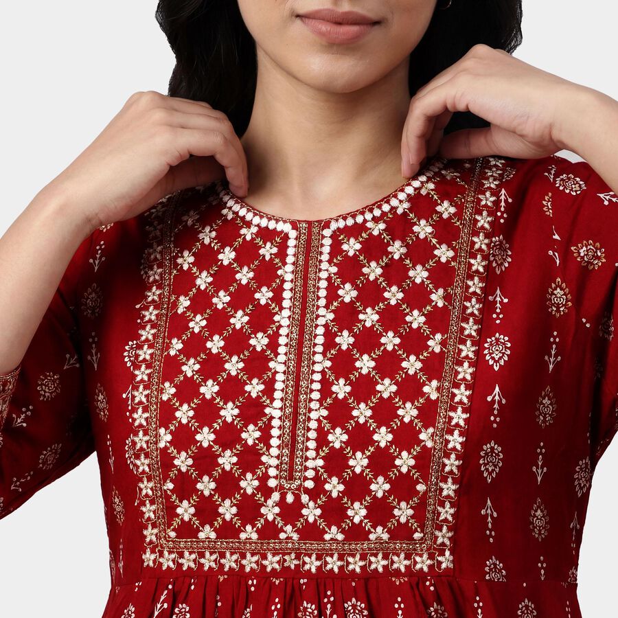 Women's Maroon Round Neck Printed Kurti, Maroon, large