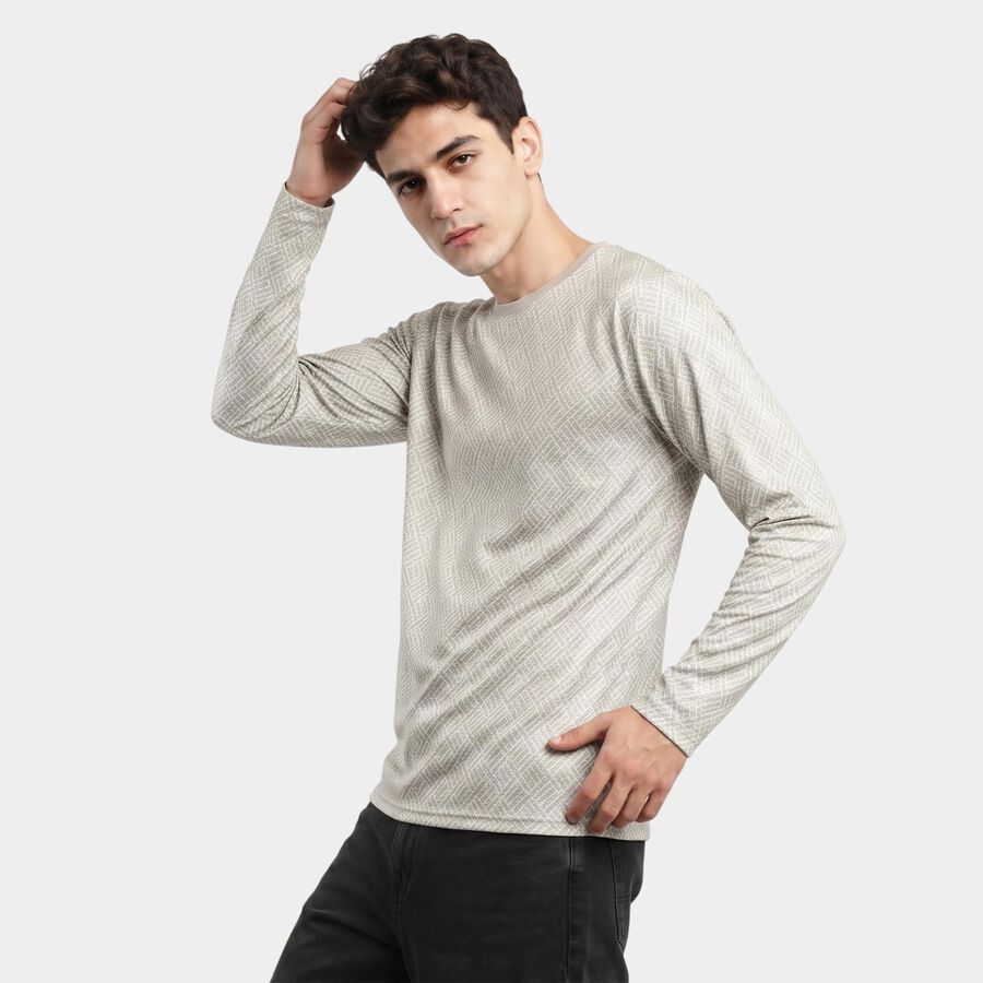 Men's Grey Crew Neck Geometric Regular T-Shirt, हल्का ग्रे, large