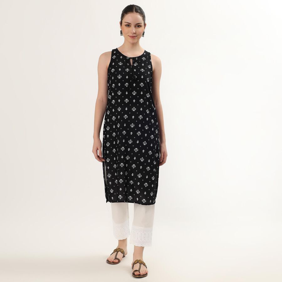 Women's Black Tie-Up Neck Printed Kurta, Black, large image number null