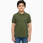 Boys Muted Olive Green Round Neck Casual Half Sleeve T-Shirt, Olive, small
