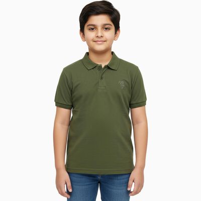 Boys Muted Olive Green Round Neck Casual Half Sleeve T-Shirt