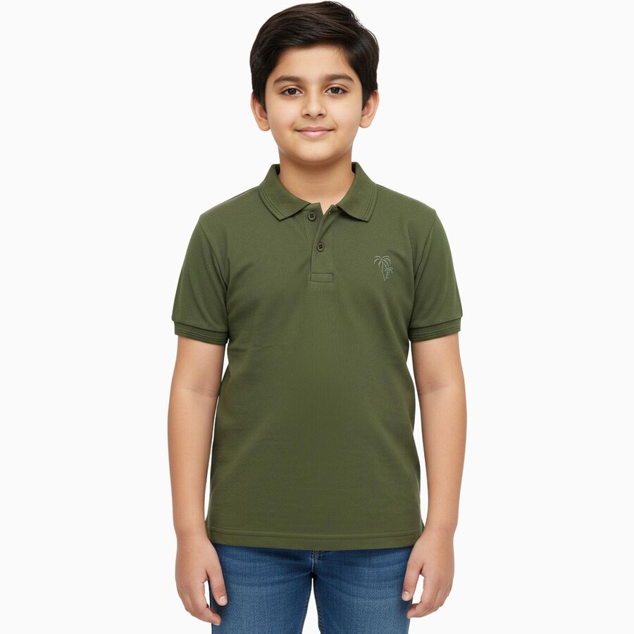 Boys Muted Olive Green Round Neck Casual Half Sleeve T-Shirt, Olive, large