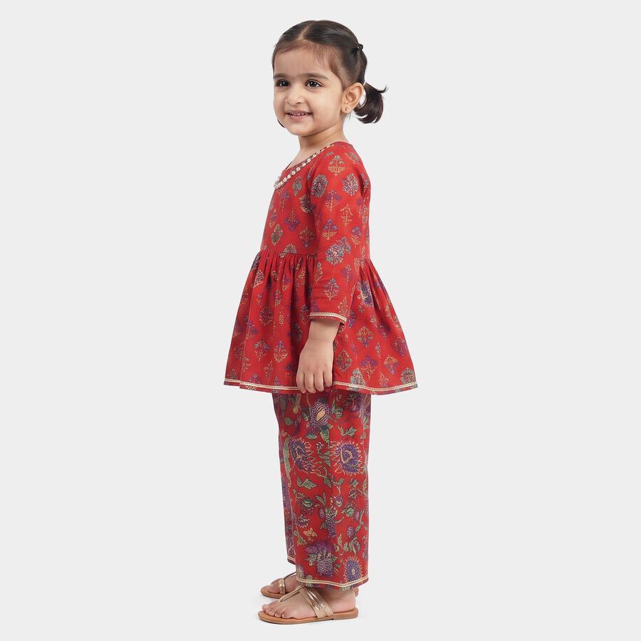 Girls Red Round Neck Fusion Set Upper and Bottom Set, लाल, large