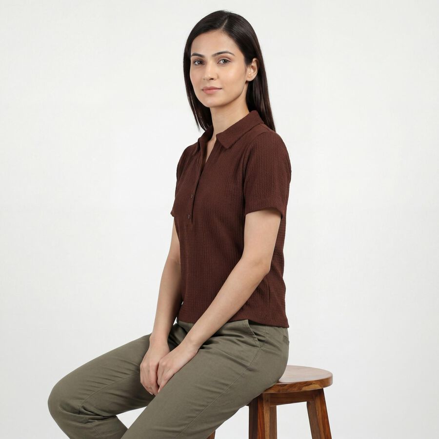 Women's Brown Polo Neck Preppy Polo T-Shirt, Brown, large