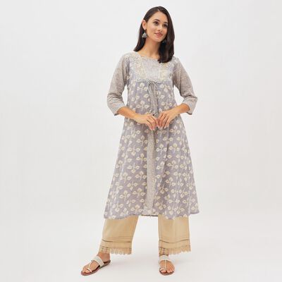 Women's Light Lavender Gray Cotton Square Neck Embroidered Kurta