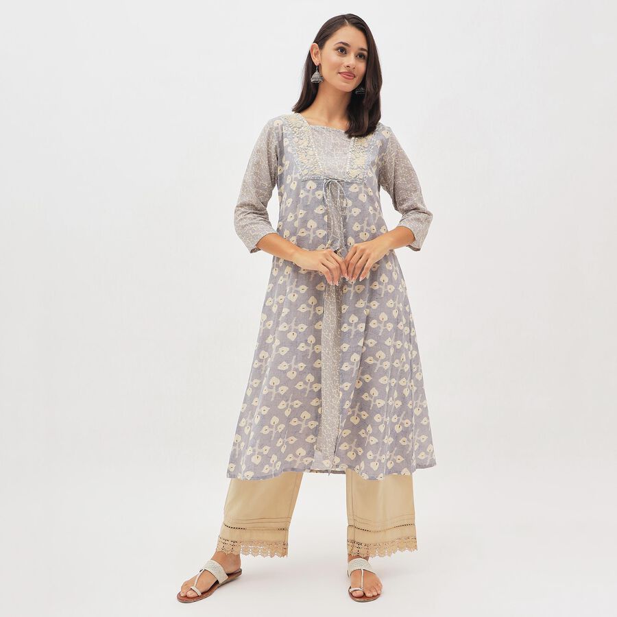 Women's Light Lavender Gray Cotton Square Neck Embroidered Kurta, Light Grey, large image number null