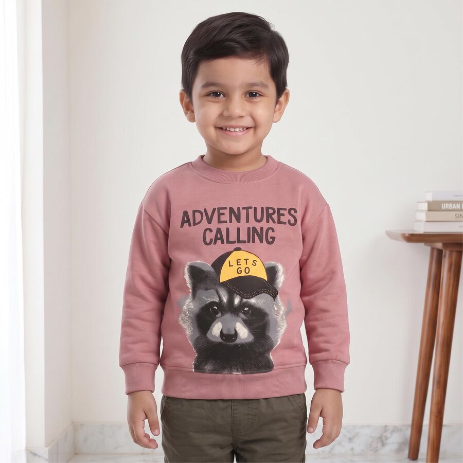 Boys' Pink Crew Neck Graphic Print Sweatshirt, गुलाबी, large