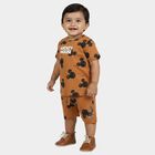 Infants' Brown 100% Cotton Round Neck Mickey Print Baba Suit, Beige, small