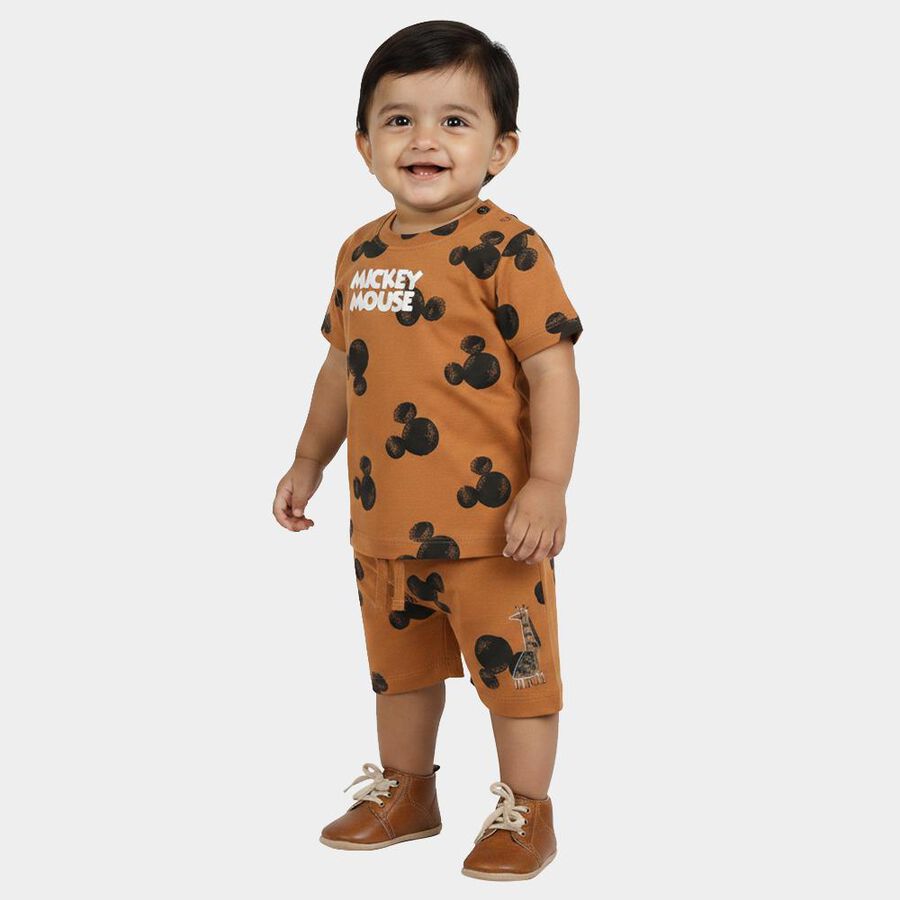 Infants' Brown 100% Cotton Round Neck Mickey Print Baba Suit, Beige, large