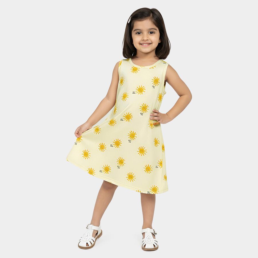 Girls' Yellow A-Line Sun Printed Sleeveless Frock, Yellow, large