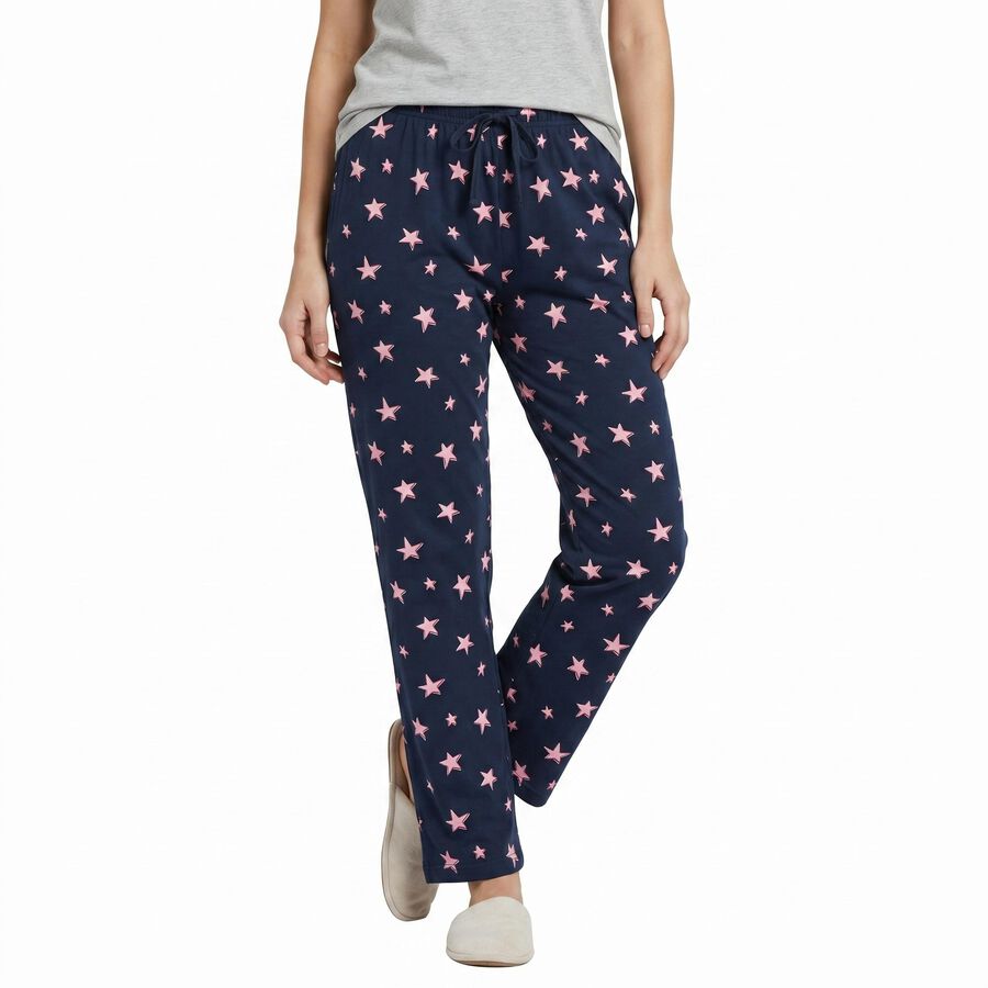 Women's Navy Blue Straight Fit Star Printed Pyjama, नेवी ब्लू, large