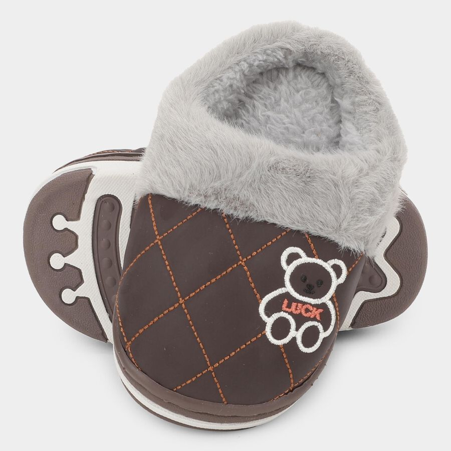 Kids Dark Chocolate Brown Fur Lined Slip-On Winter Slippers, Brown, large image number null