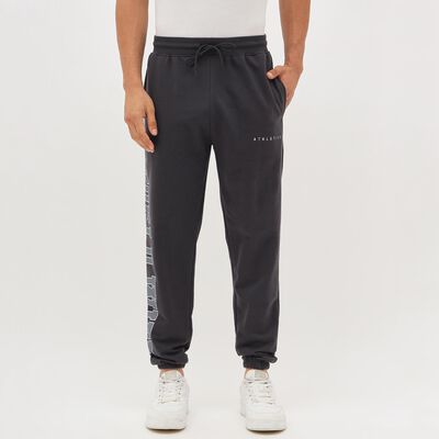 Men's Charcoal Black Regular Fit Side-Typography Track Pants