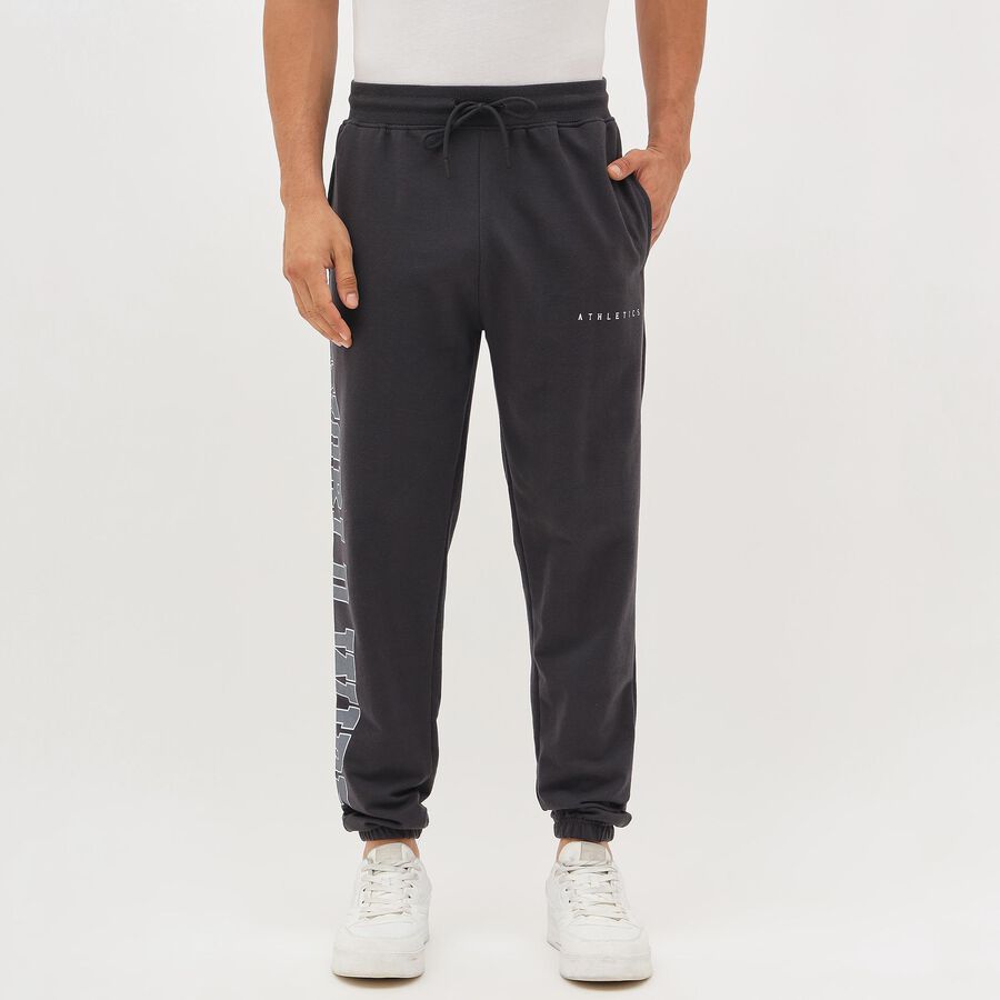 Men's Charcoal Black Regular Fit Side-Typography Track Pants, Dark Grey, large image number null