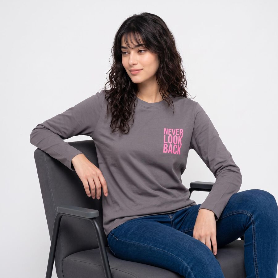 Women's Grey Round Neck Regular Top, गहरा ग्रे, large