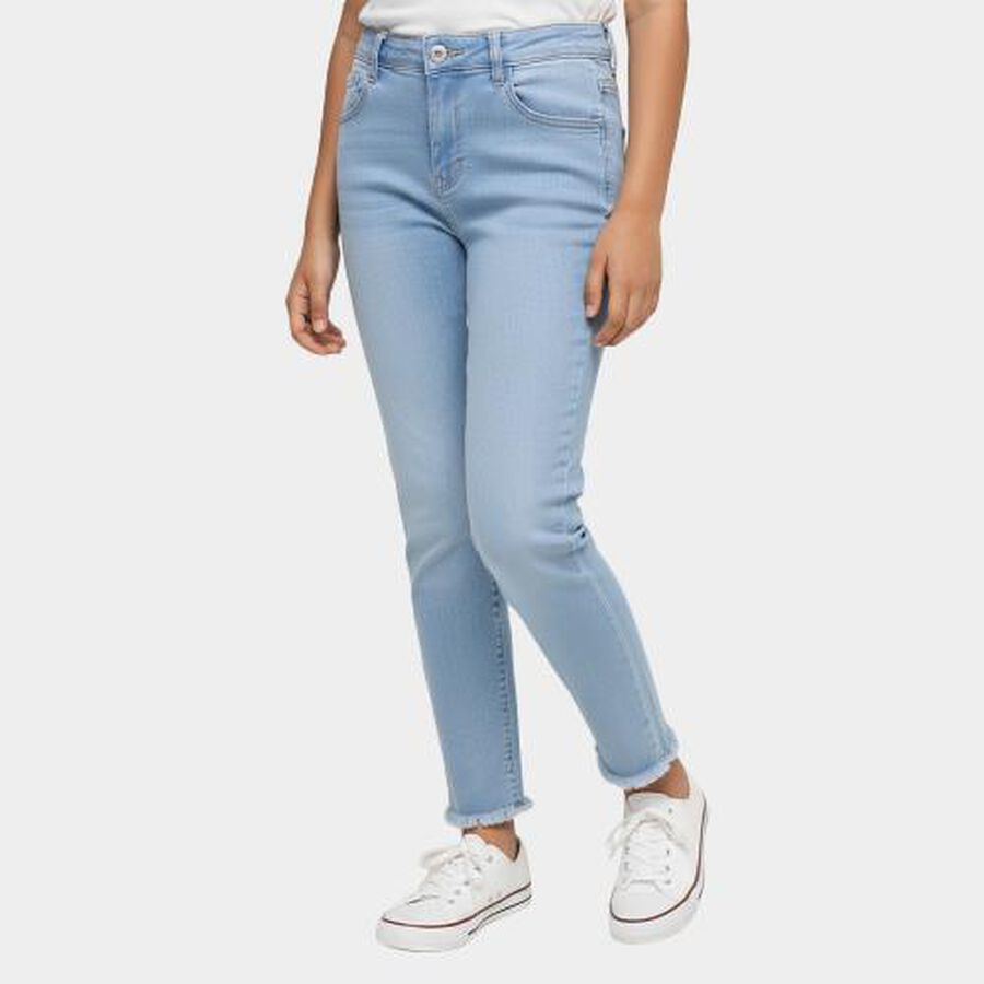 Girls' Light Powder Blue Slim Fit Frayed Hem Jeans, Light Blue, large