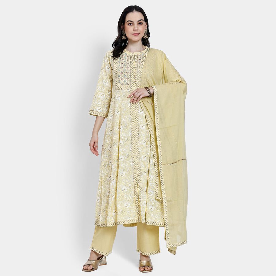 Ladies' 100% Cotton Kurta Pyjama Set with Dupatta, पीला, large image number null
