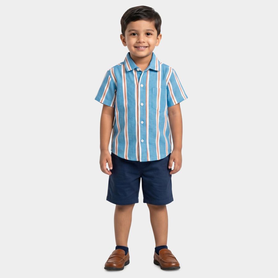 Boys Blue Cotton Short Sleeves Collared Regular Fit Shirt, Mid Blue, large