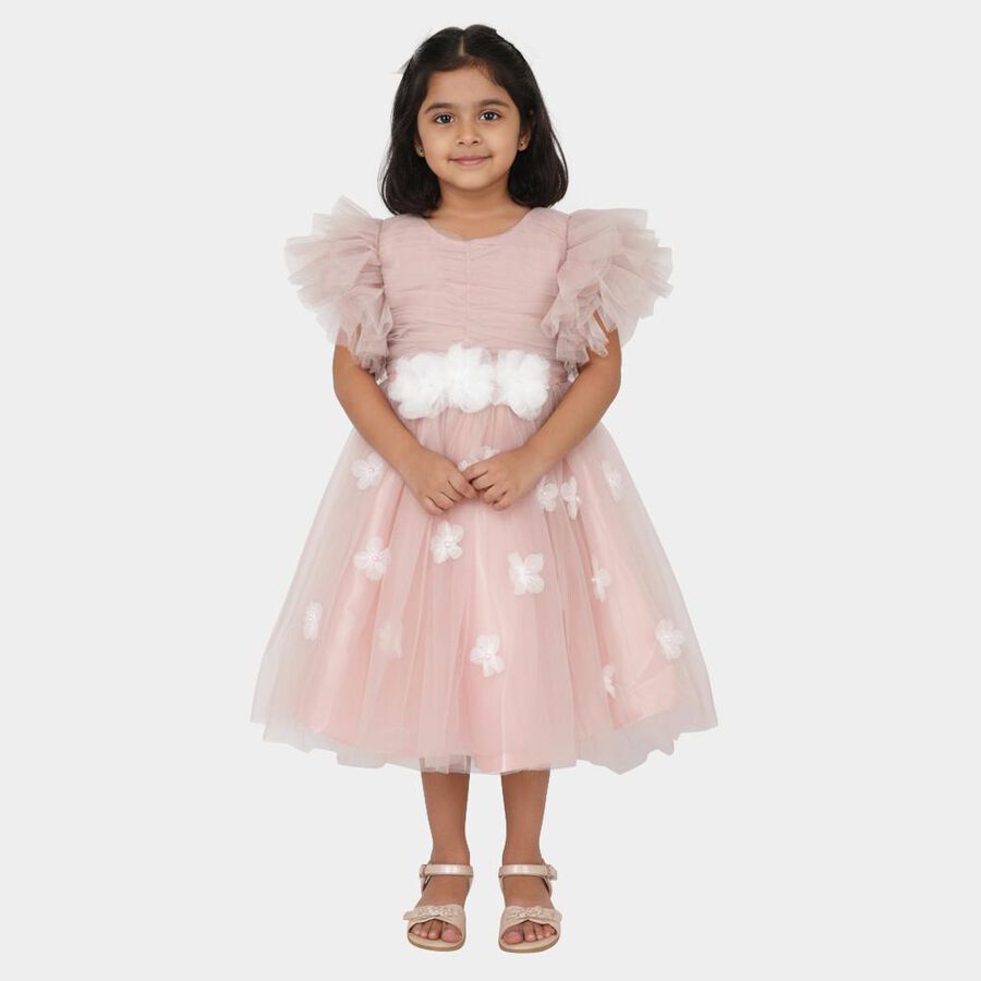 Girls' Soft Pink Layered Floral Party Frock, Pink, large image number null
