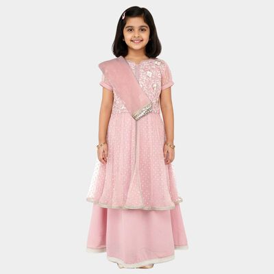 Girls' Soft Pink Embroidered Top and Skirt Fusion Set with Dupatta