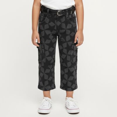 Girls' Dark Charcoal Black Cargo Fit Geometric Print Jeans