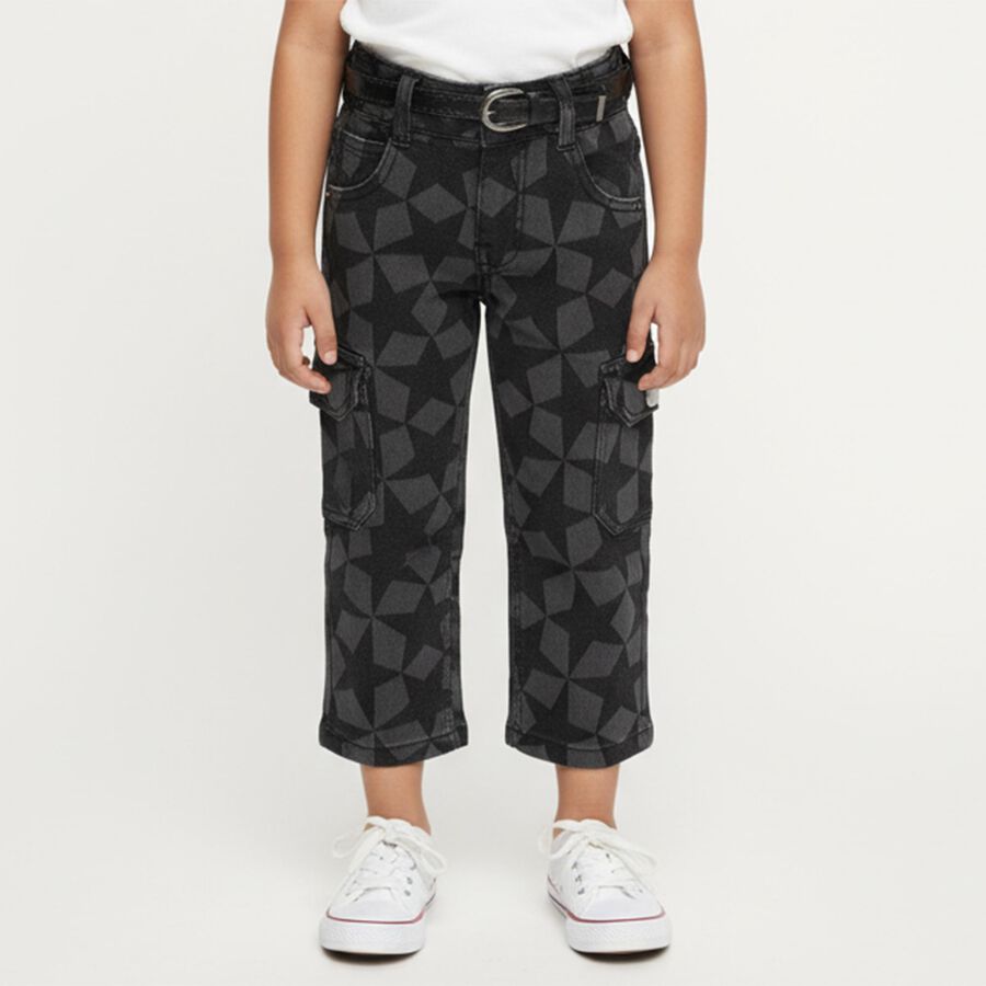 Girls' Dark Charcoal Black Cargo Fit Geometric Print Jeans, Black, large image number null