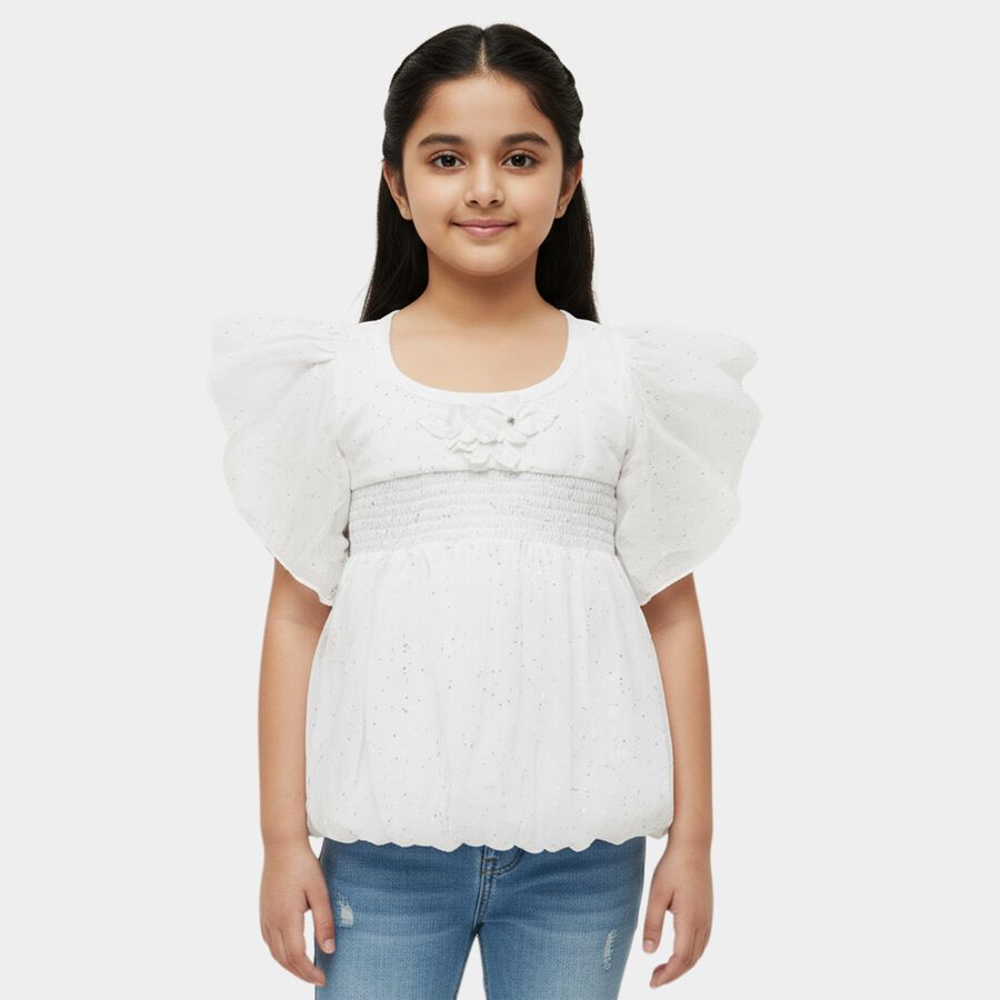 Girls' White Round Neck Casual Graphic Printed T-Shirt, White, large