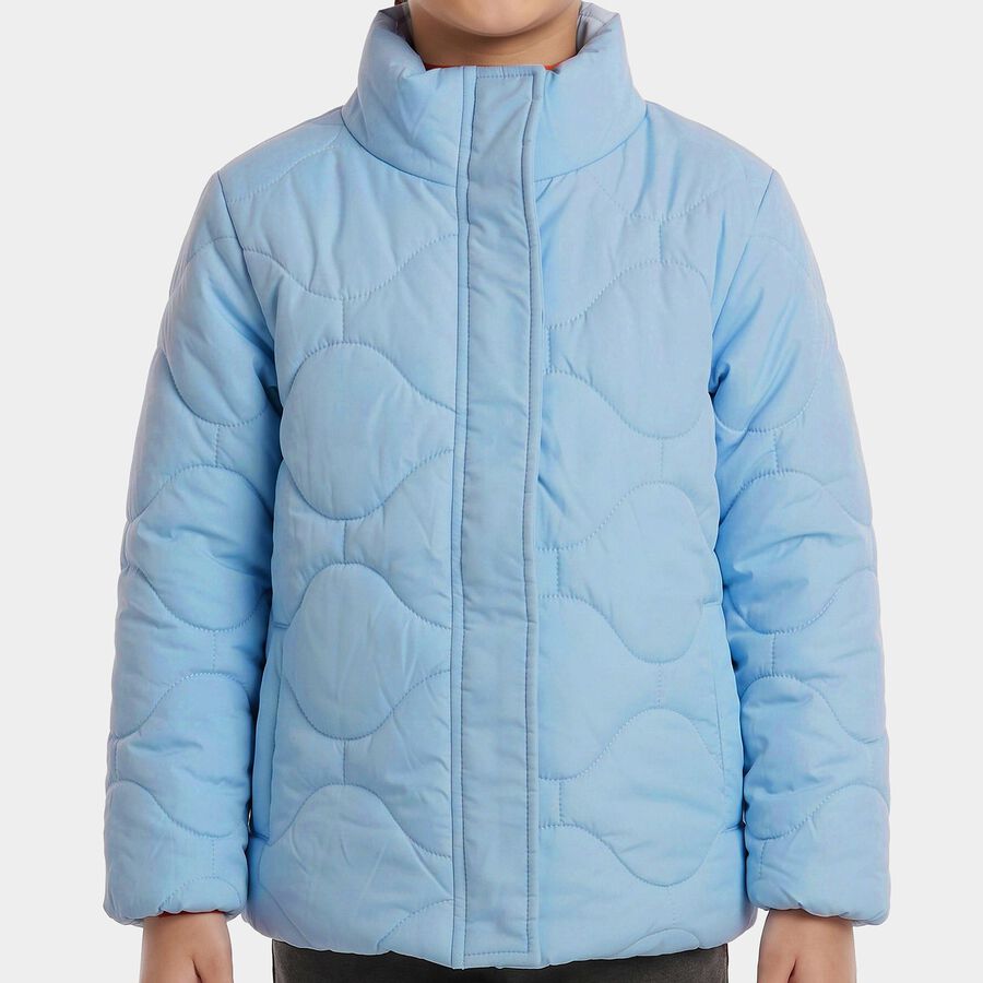 Girls' Light Blue Stand Collar Puffer Jacket, हल्का नीला, large