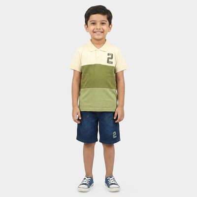 Boys Olive Green Cotton Polo Neck Colorblocked Baba Suit