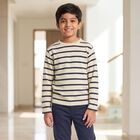 Boys' Cream Crew Neck Striped Pullover, Off White, small