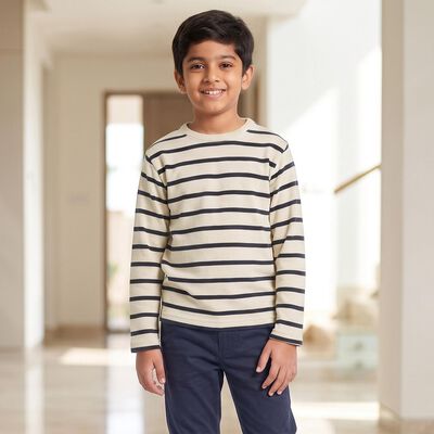 Boys' Cream Crew Neck Striped Pullover