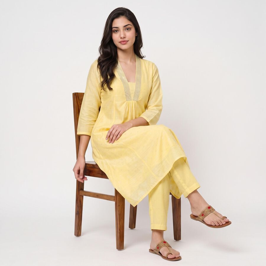 Women's Yellow V-Neck Embellished Kurta, Yellow, large