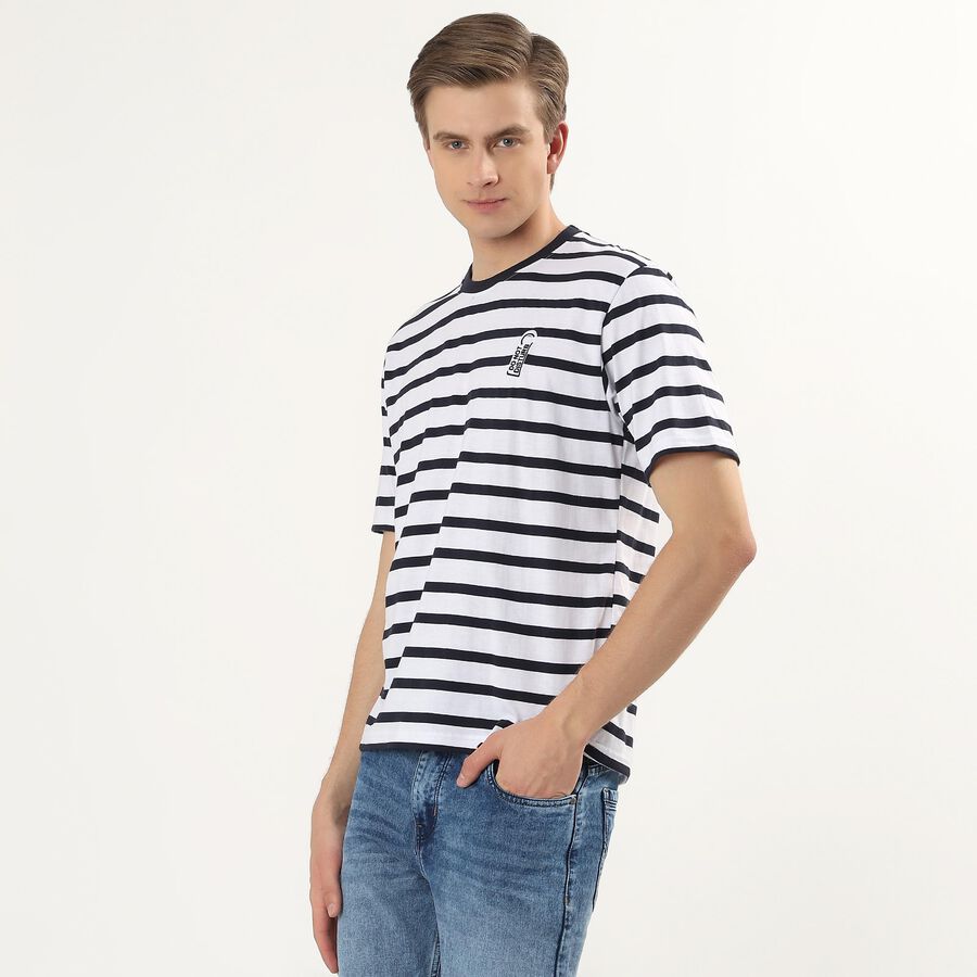Men's White Round Neck Striped T-Shirt, White, large
