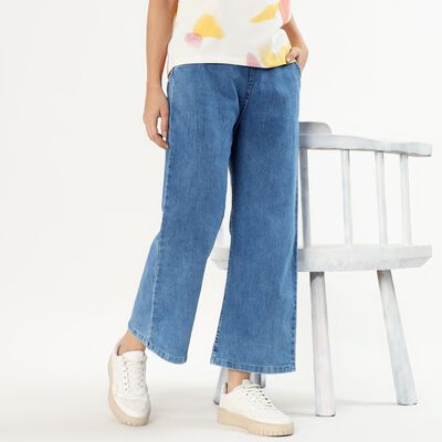 Women's Stonewashed Blue Wide-Leg Relaxed Fit Jeans