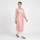 Women's Pink Round Neck Embroidered Kurta, Light Pink, small