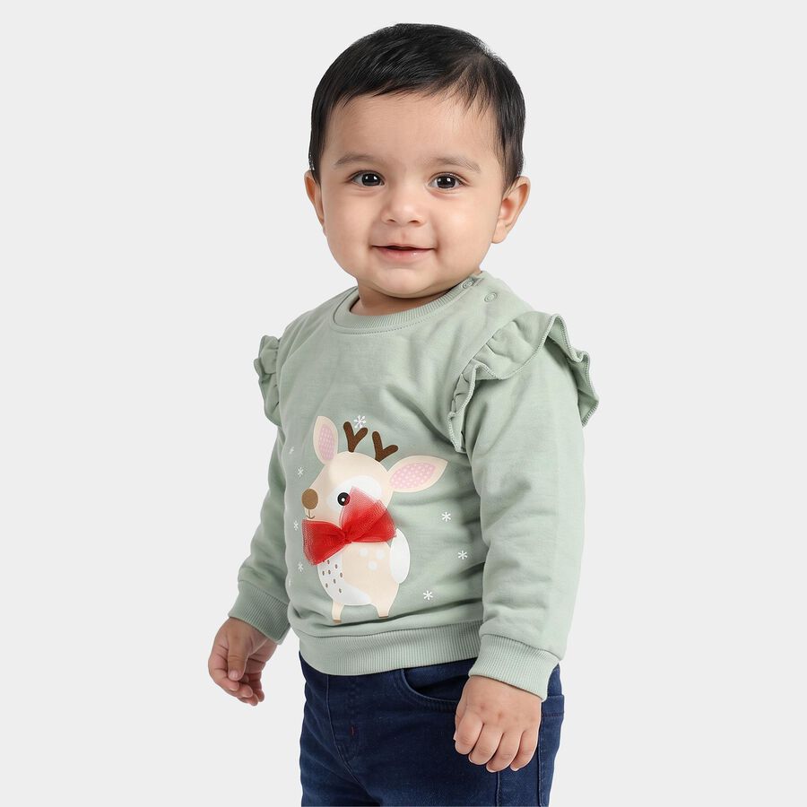 Infants' Sage Green Cotton Round Neck Pullover Sweatshirt, हल्का हरा, large