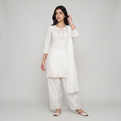 Women's Off White Embroidered Ethnic Set
