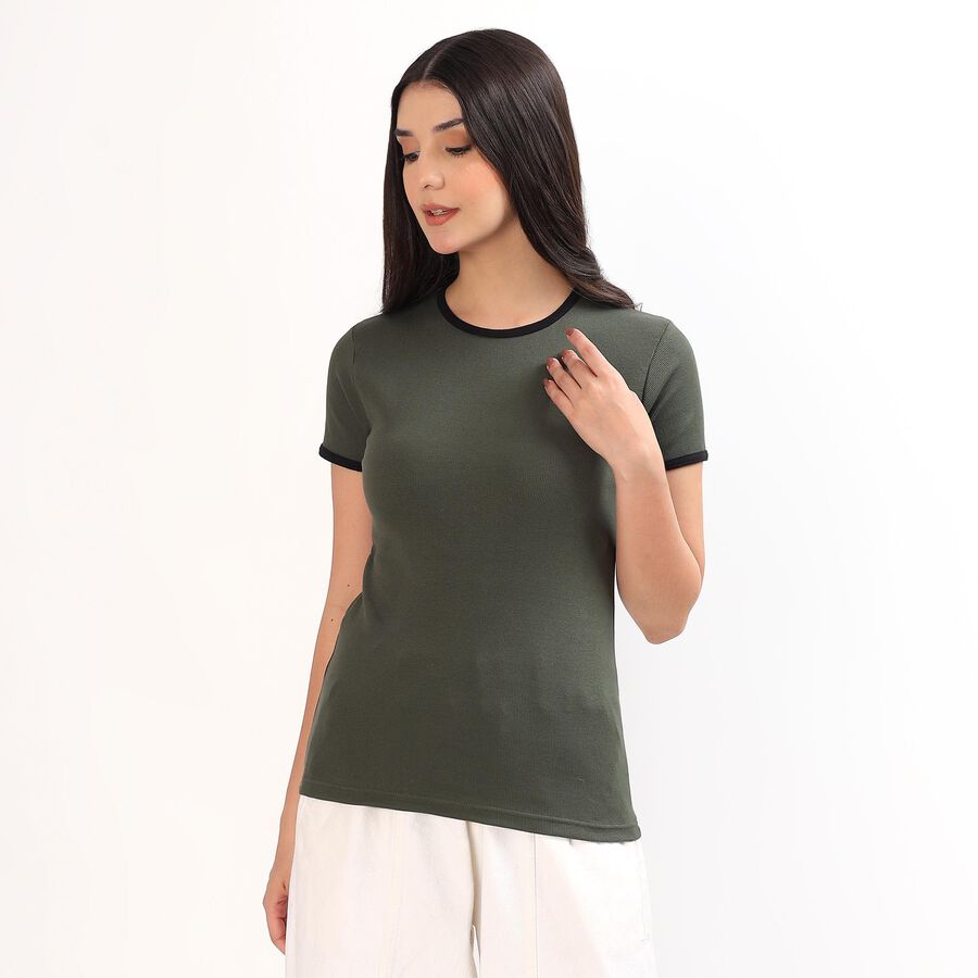 Women's Dark Olive Green Cotton Round Neck Casual Top, गहरा हरा, large