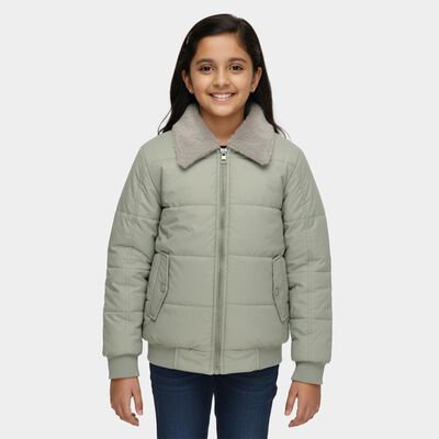 Girls' Light Sage Green Shawl Collar Casual Jacket