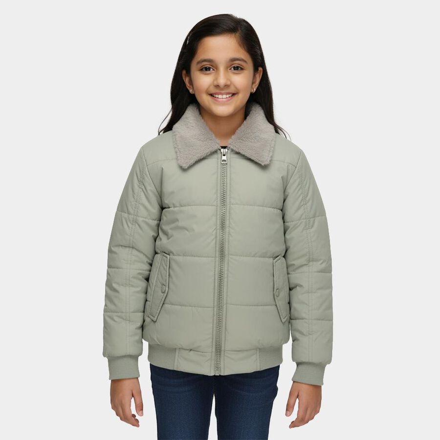 Girls' Light Sage Green Shawl Collar Casual Jacket, Light Green, large image number null