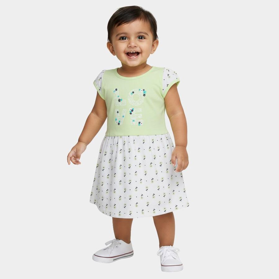 Infants' Light Green and White Floral Printed Cotton Casual Frock, Light Green, large image number null