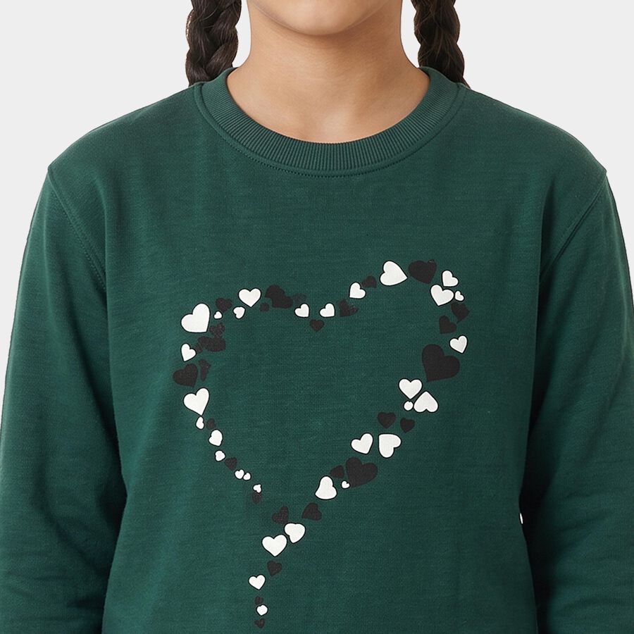 Girls' Green Crew Neck Pullover Sweatshirt, Dark Green, large