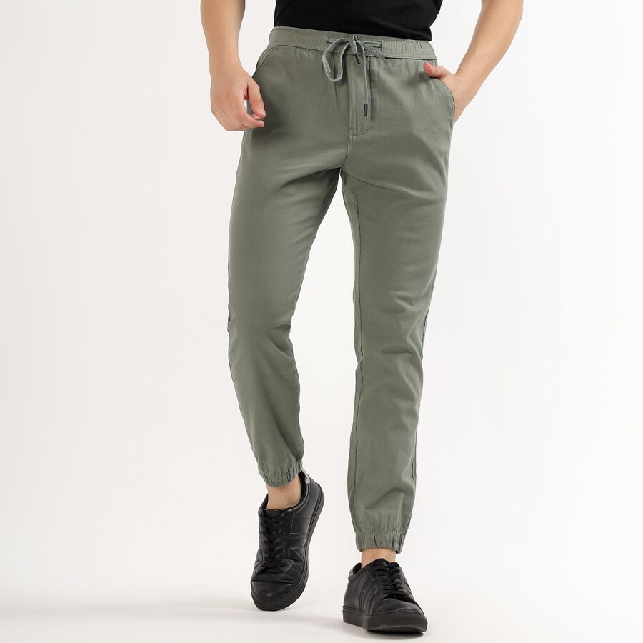 Men's Muted Sage Green Slim Fit Elastic Waist Casual Trousers, Light Green, large image number null